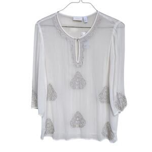 CHICOS | NWT Sheer Cream Metallic Silver Embroidered Blouse Holiday Party L